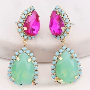 Vibrant Teardrop Earrings with Pink and Green Gems